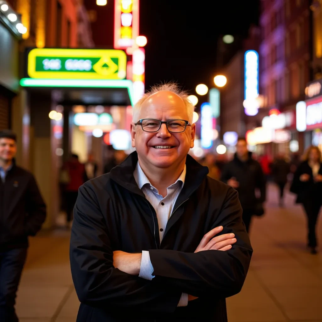 A photo of Tim Walz,

Subject: Tim Walz

Appearance: Wearing a regular business suit jacket over a casual collared shirt, with his signature black-rimmed prescription reading glasses.

Pose: Standing upright, arms crossed

Setting: Standing on busy sidewalk downtown Minnesota at night. Busy bar area, a lot of people bustling around, chiaroscuro lightning, neon lights

Background:  Busy bar area, a lot of people bustling around, chiaroscuro lightning, neon lights is clearly visible, with the architectural details in focus.

Mood/Atmosphere: Complex, detailed, and positive, reflecting a sense of pride and affection for Minnesota night life.