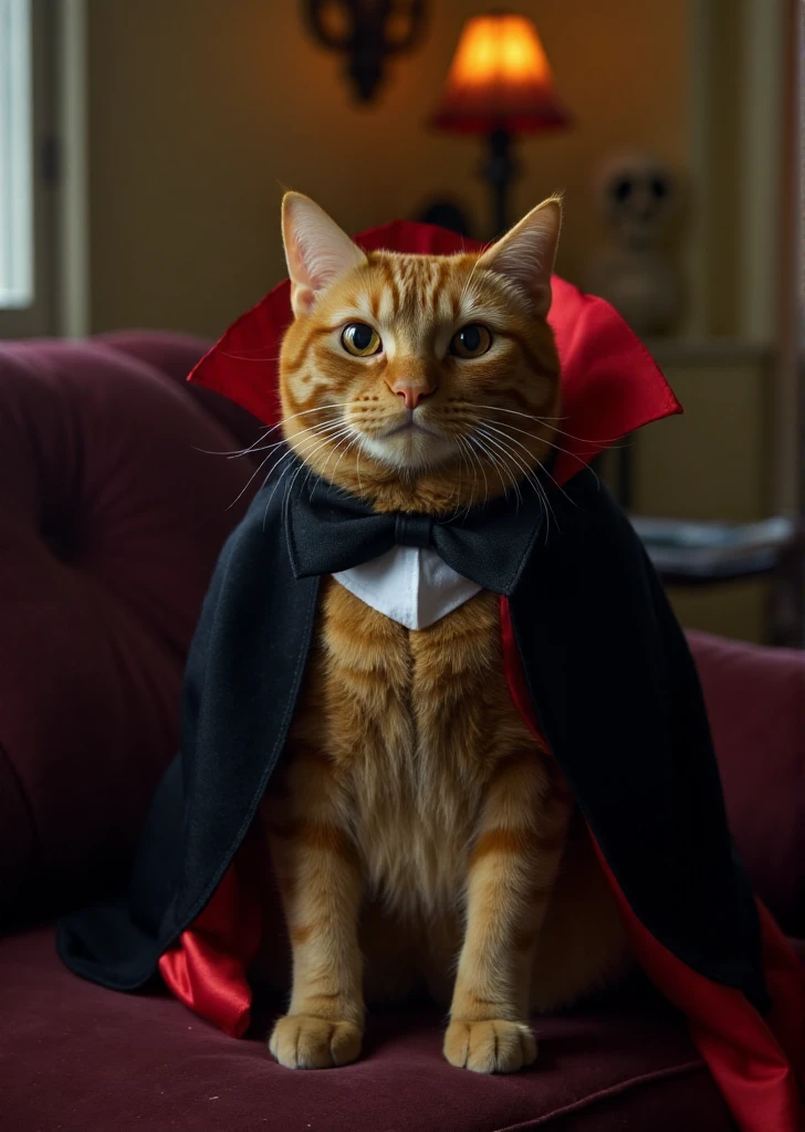 close up photo of xpanzudox orange cat sitting on a sofa wearing a dracula costume, inside a haunted mansion ,halloween,spooky,cinematic shot  <lora:Panzon_Gordinflon:0.9>