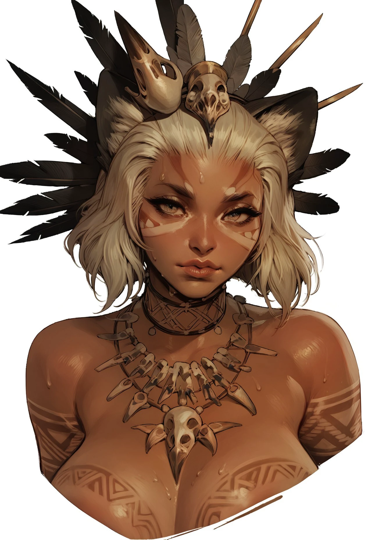 safe_pos, score_9, score_8_up, score_7_up, score_6_up, 1girl, kimeya,tribal tattoo,white tail,cat ears,sweat, beautiful,thick body,big breasts,thick_outline,cute face,bust shot,portrait,white background,feather crown