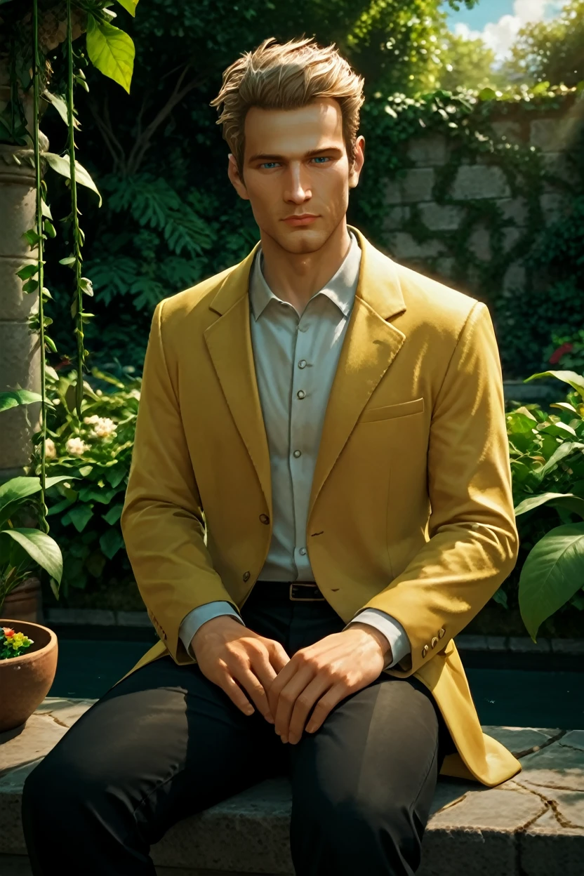 score_9, score_8_up, score_7_up
<lora:DR2Chuck:1.0>
DR2Chuck, 1boy, blonde hair, blue eyes, looking at viewer, sitting on a stone bench in a Mediterranean courtyard, wearing a light linen suit, vines and flowers around, warm sunlight, elegant and relaxed mood