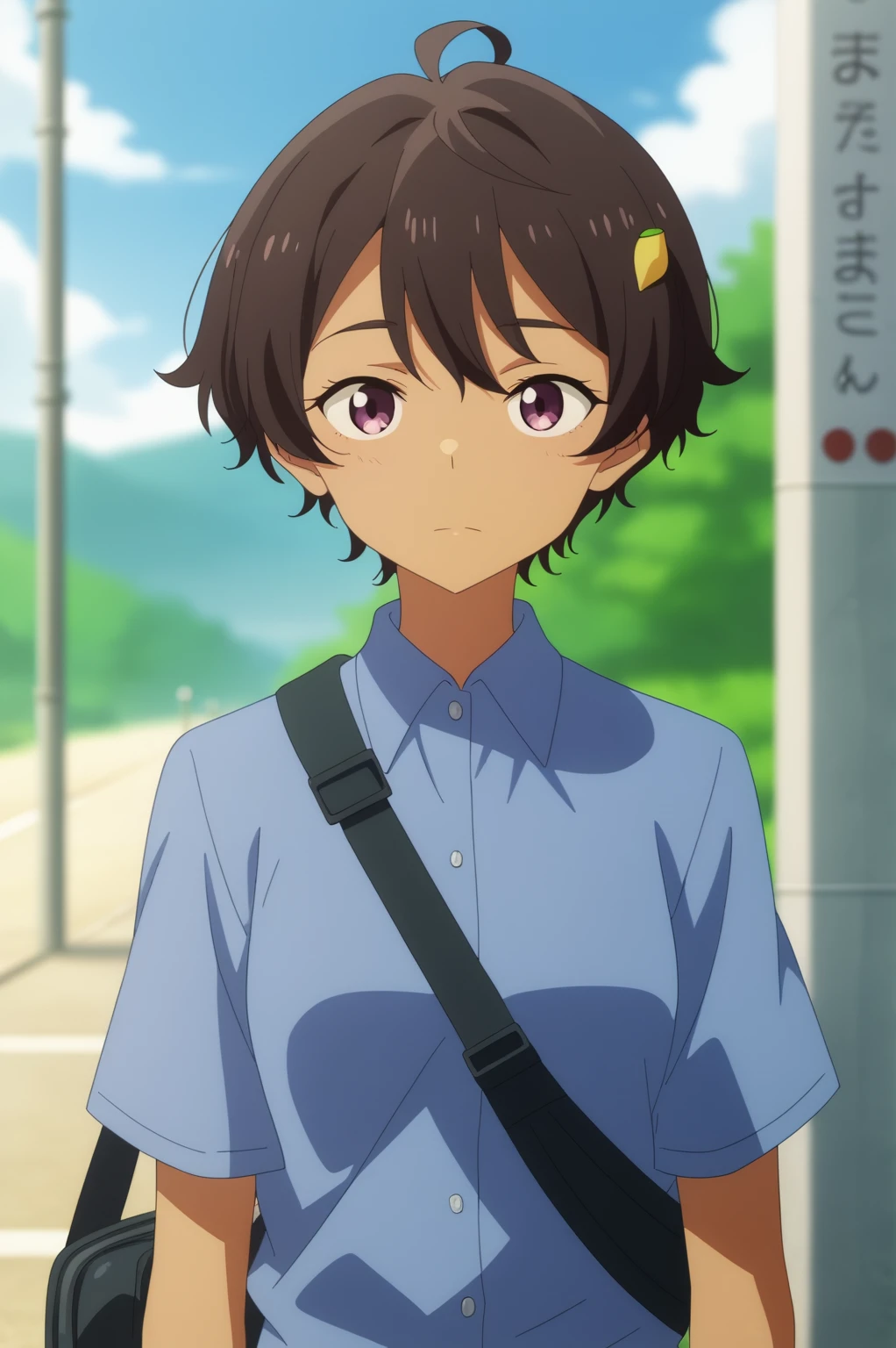 <lora:Lemon_Yakishio:0.8>, Lemon Yakishio, 1girl, solo, looking at viewer, shirt, upper body, outdoors, sky, collared shirt, day, bag, blurry, blurry background, blue shirt,