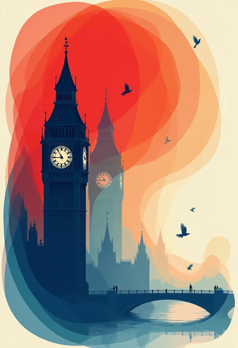 imagine an abstract poster style image of big ben in red, white and blue