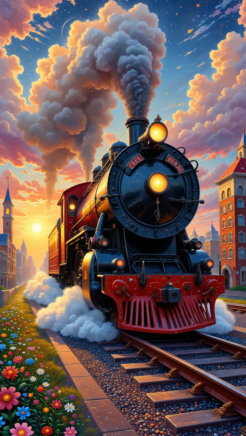 colorful painting, a train speeding on railroad tracks, industrial, powerful engine, billowing smoke, vibrant colors, sunset glow