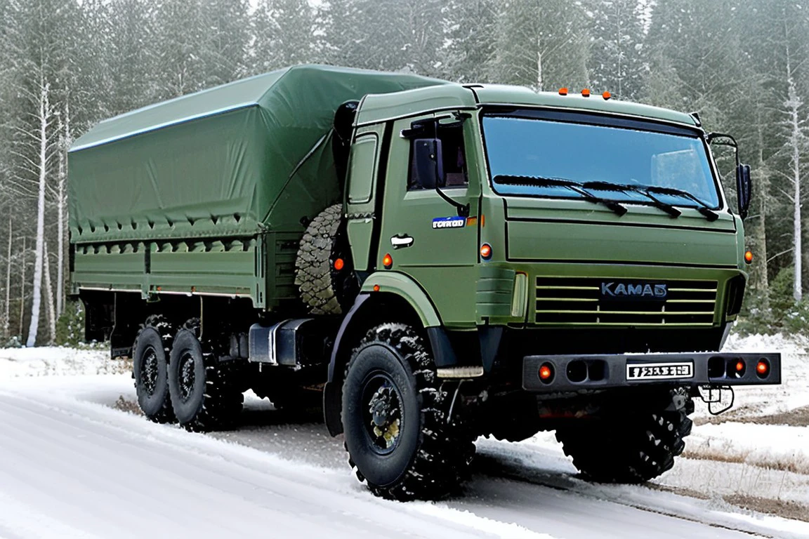 kamaz5350 forest, vehicle focus, logo,  winter