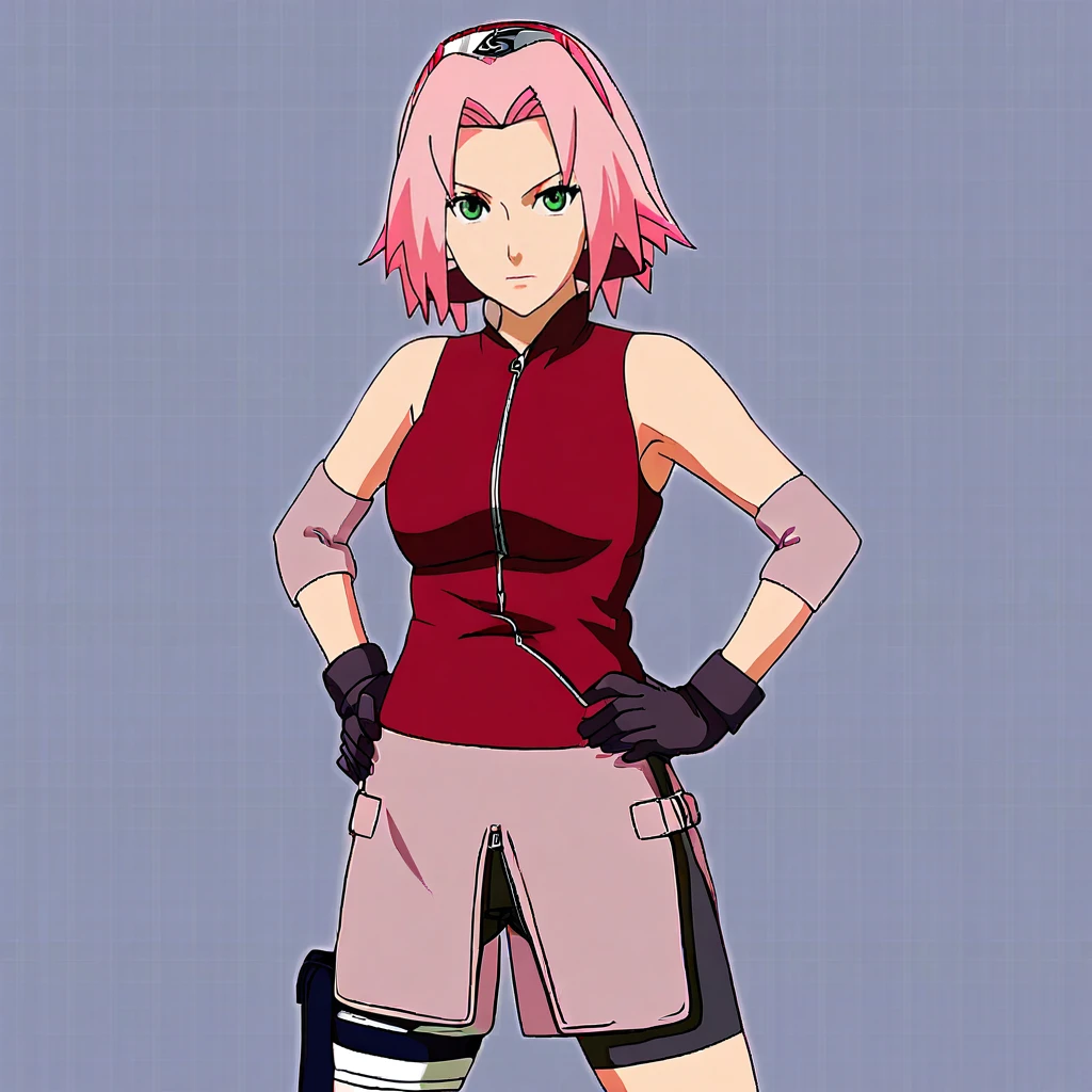 <lora:sakura_pony_v1:1>  SakuraShipuuden, 1girl, pink hair, green eyes, black gloves, short hair, bike shorts, large breasts, toeless footwear, forehead protector, simple background, bandages, black shorts, zipper, sleeveless, cowboy shot, hands on hips, standing