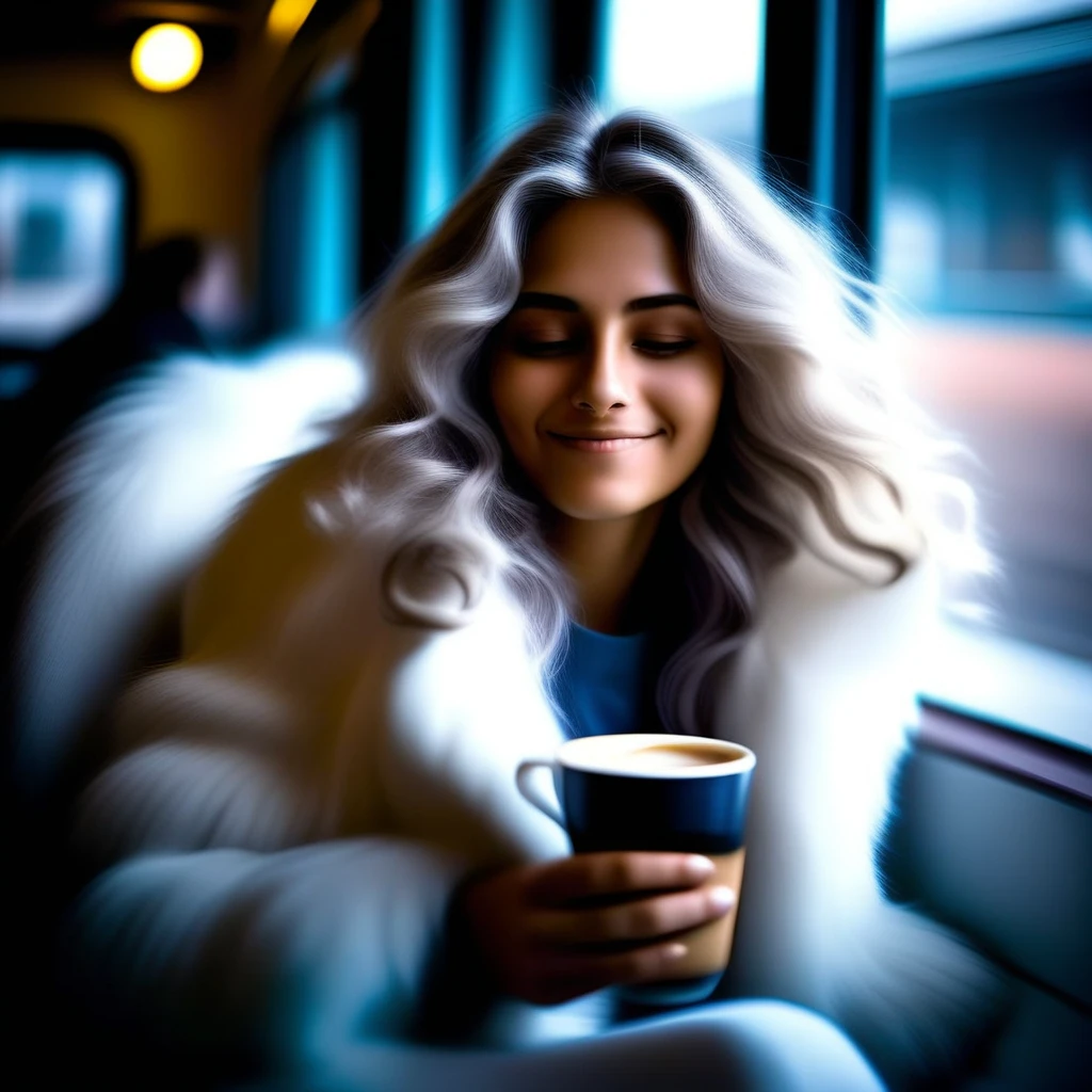 grey hair, blurry background, solo, nose, fur coat, dark-skinned female, dress, wavy hair, lips, train interior, smile, white coat, coffee cup