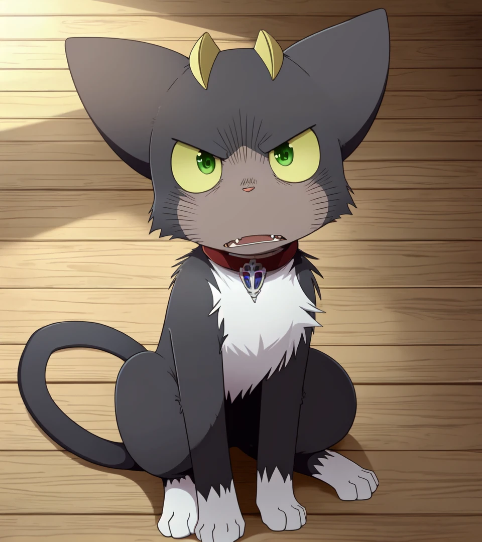 kur0,male,anime,solo,feral, indoors,day,fur,sitting, high-angle view,bird's-eye view, felid,domestic cat, very aesthetic, soft shading, quadruped, feet,paws, looking up viewer, green eyes, serious,3 toes, teeth,cute fangs, foreshortening:1.2, depth of field,  three-quarter view, dynamic angle, ultra detailed, natural light, collar, detailed background, two tails, symmetrical, digital media (artwork), <lora:kur0_YM:0.7>, by mumu, by smitty g, by dagasi