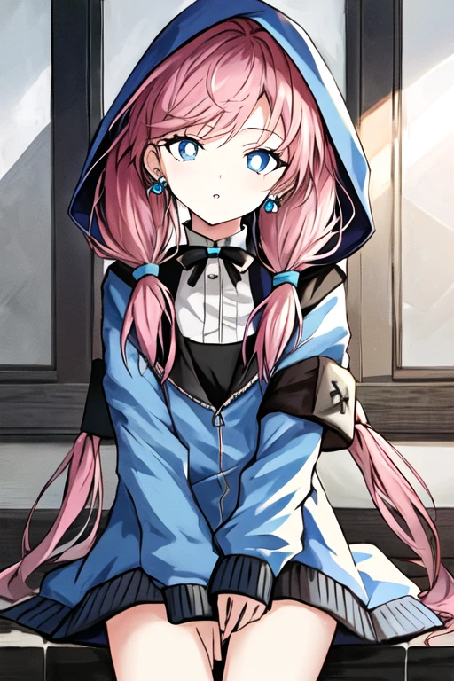 1girl, blue poison,blue  jacket,wearing hood,pink hair,low twintails,blue eyes,(white pupil),white hairband,jewelry earrings,off  ,parted lips,  sitting,, masterpiece, best quality,