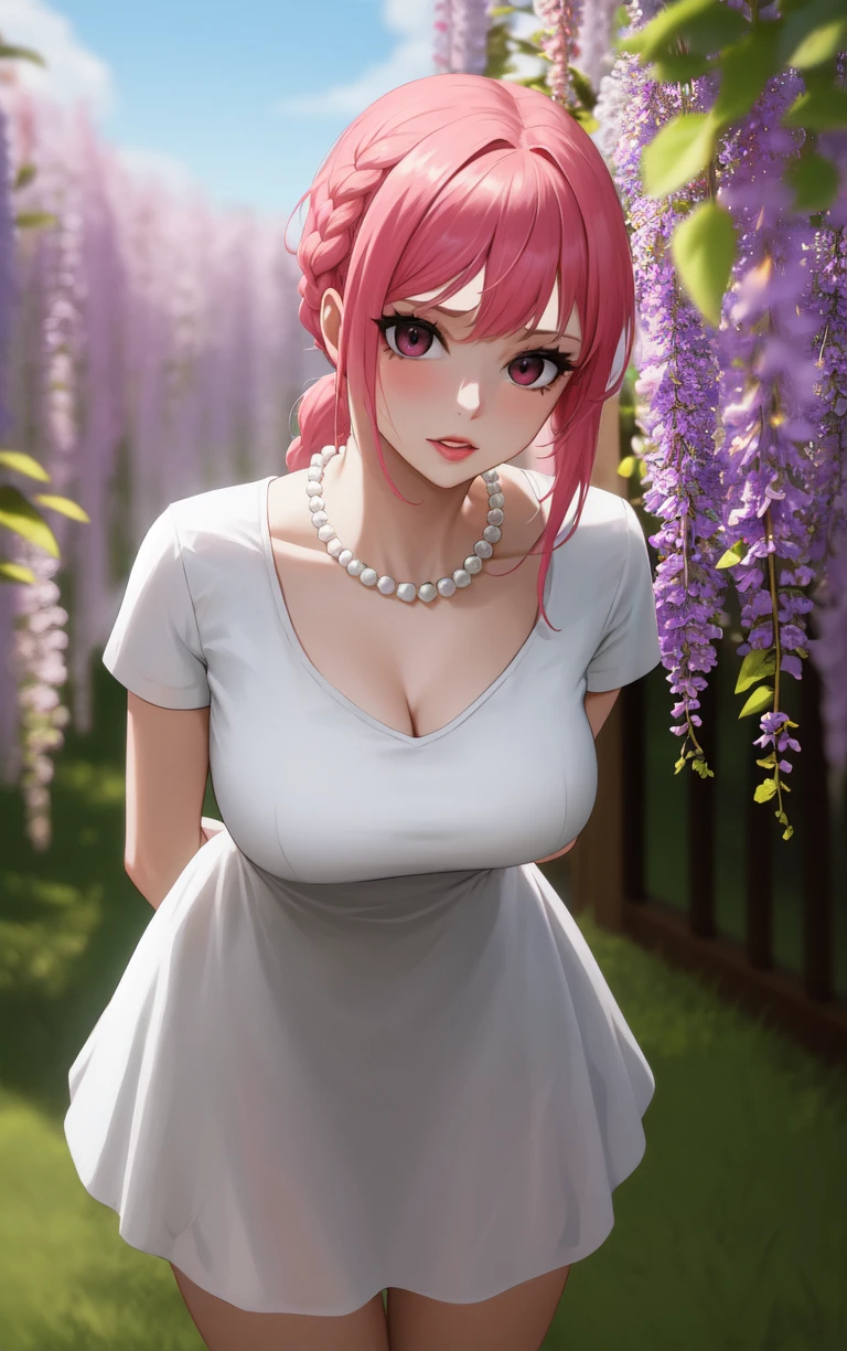 (masterpiece, best quality:1.4), insaneres, absurdres, solo, looking at viewer,BREAK 
Dress_Rebecca_ownwaifu, rebecca \(one piece\),
1girl, eyelashes, pink eyes, pink hair, sidelocks, braid, long hair, jewelry, large breasts, single braid, ponytail, lips, necklace, pearl necklace, beads,
dress, short sleeves, long dress, white dress, short dress, thighs, legs,
(leaning forward, arms behind back), cowboy shot, garden, wisteria, outdoors, <lora:ONEPIECE_Rebecca_ownwaifu:0.85> , depth of field, solo,