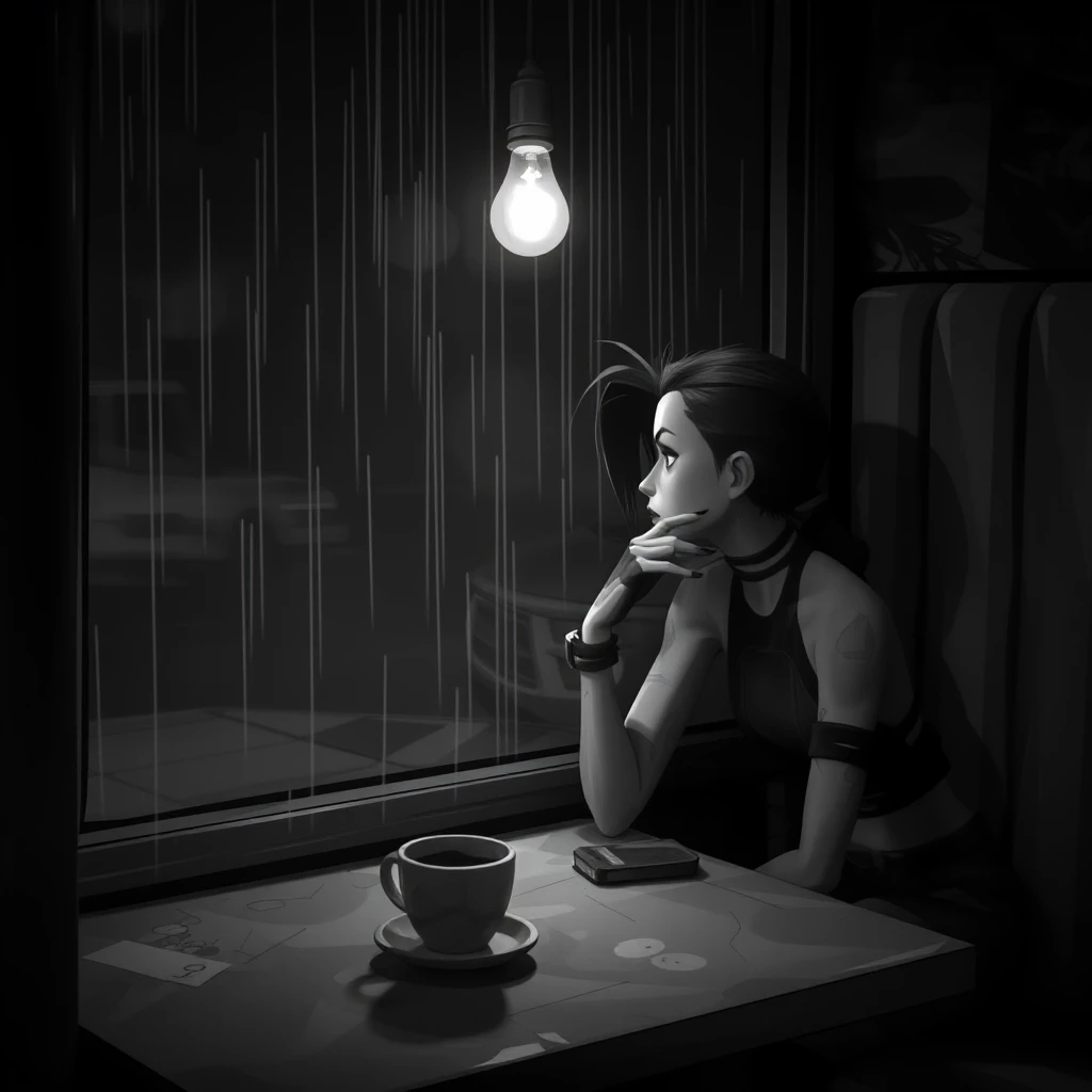 Jinx sits in a booth in a cafe, staring out the window at the rain, her reflection looking back at her.  A cup of coffee sits on the table, and a lightbulb hangs from the ceiling.  The scene is in black and white, giving the sense of a melancholic crime noir.