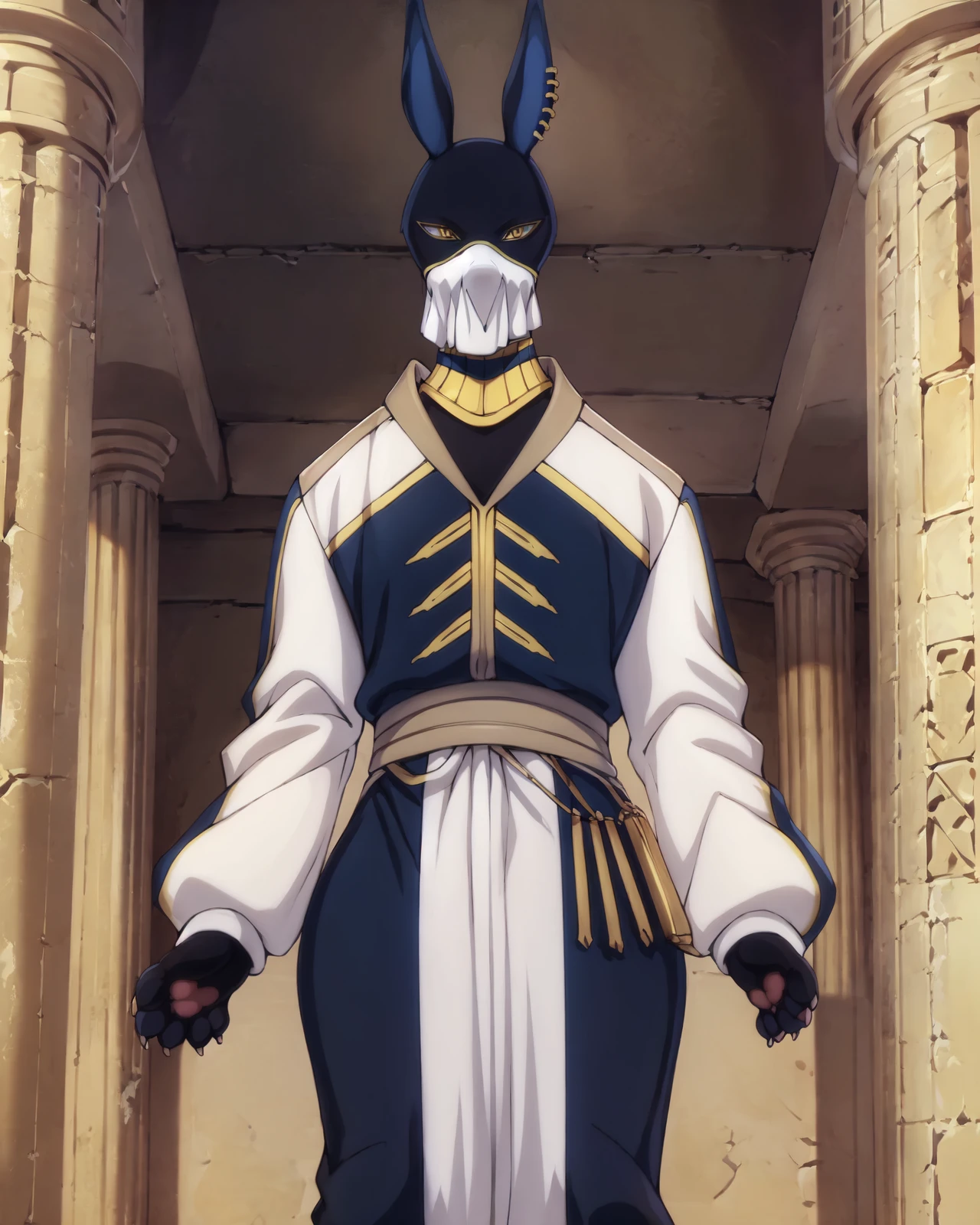 <lora:SiriusAbiv8_YM:1>, siriusabi, solo, anthro, anime, canid,cloth mask, dynamic angle, standing, looking at viewer, clothing, robe, gold choker, fur, ear piercing, advisor outfit, detailed eyes, yellow eyes, white sclera, teeth, talking, 4k, hi res, insanely detailed, paws, symmetrical, detailed background, Egyptian ruins, by zackary911, by personalami, by angiewolf, by feralise, by ivan-jhang, by drmax