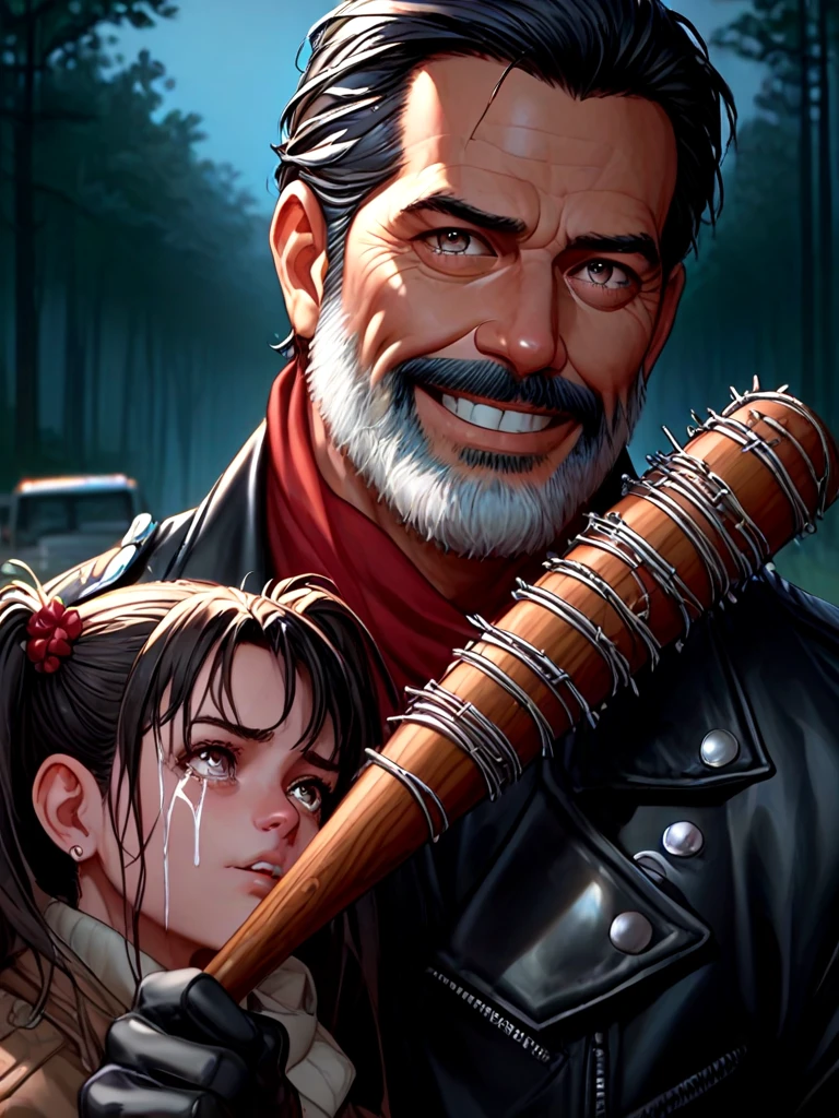 score_9, score_8_up, score_7_up, negan, 1guy, red scraf, black leather jacket, black gloves, narrow waist, two side up, 1girl, 2girls, multiple girls, fear, truck, night, forest, realistic, close-up, hand up, arm up, ((holding weapon)), <lora:girlhatenegan_pony:1>