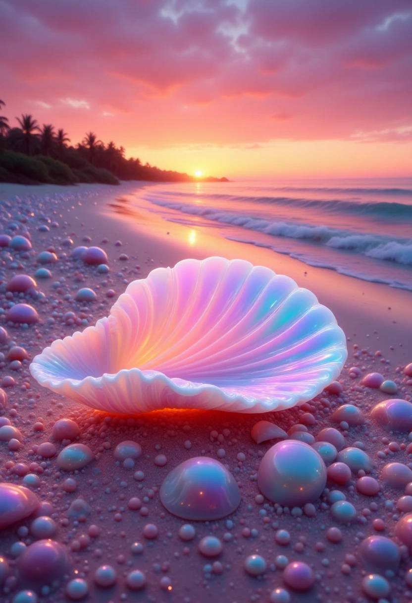 pink glowing seashell, sunset, beach, made out of iridescent jelly