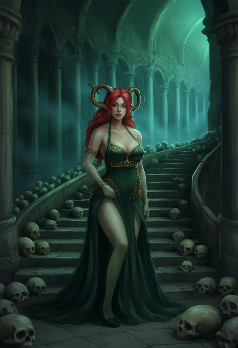 A digital painting depicting a mystical, otherworldly scene. The central figure is a female demon with a pale, almost ghostly skin tone and striking red hair cascading down her shoulders. She has curved horns protruding from her head and a confident, almost seductive expression. She is adorned in a dark green, flowing dress with intricate gold embroidery along the hem and a high slit that reveals her left leg. The dress is sleeveless and has a low-cut neckline that accentuates her ample breasts. 
The demon stands on a dark, stone staircase that leads to an ancient, cavernous chamber with towering, dark green columns and a high, arched ceiling. The background is dimly lit, with ethereal blue and green light filtering through the stone structure, creating a mystical ambiance. Surrounding the demon are numerous human skulls, piled up on the steps and the floor, adding to the eerie atmosphere. The painting style is highly detailed, with realistic textures and shading, particularly on the demon's skin and the intricate folds of her dress. The overall mood is dark and mysterious, emphasizing the supernatural nature of the scene. <lora:JAnimesque:1>