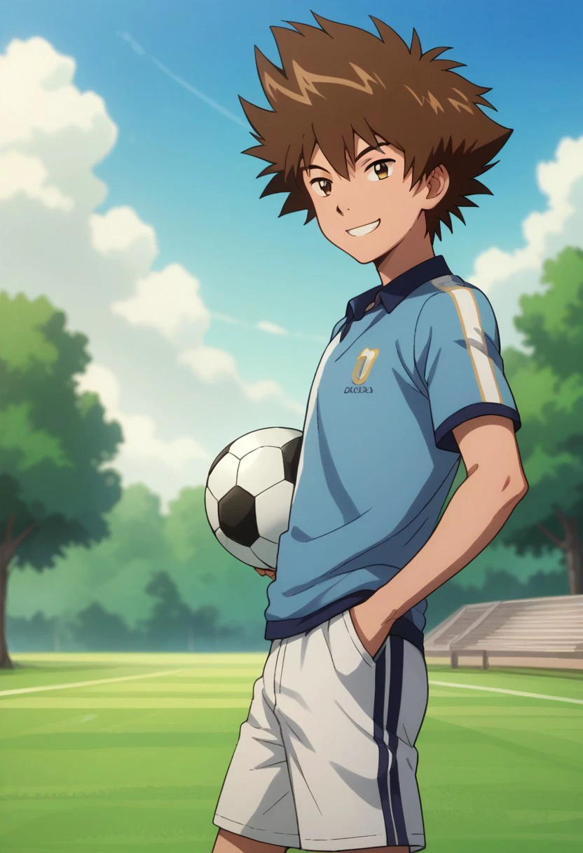 score_9, score_8_up, score_7_up, source_anime, highly detailed, 
taitri, 1boy, male focus, solo, brown hair, brown eyes, smile, soccer uniform, shorts, smile, blue shirt,
outdoor, sky, tree