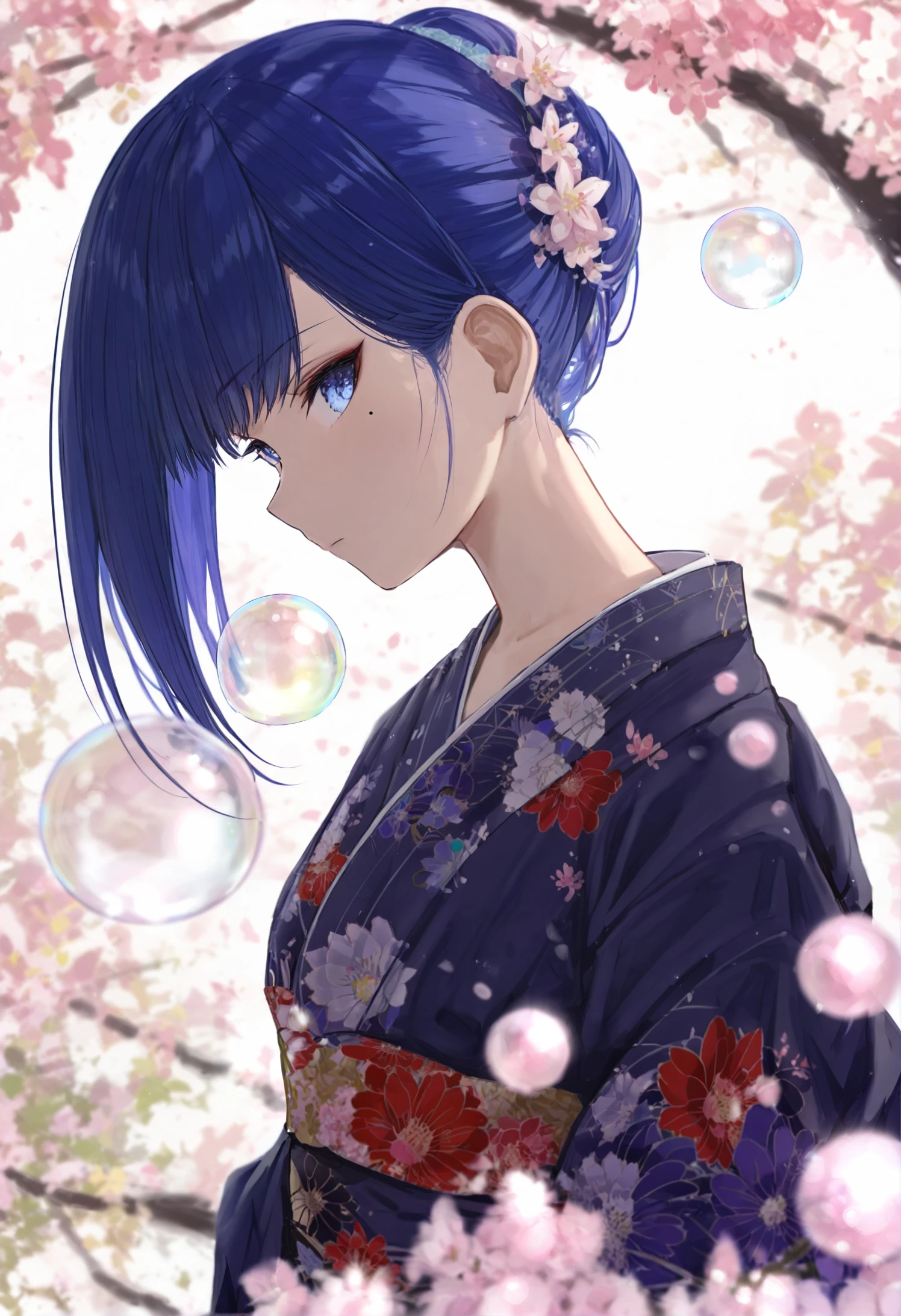 masterpiece, best quality, 1girl, solo, looking at viewer, mole under eye, blue eyes, japanese clothes, mole, blue hair, kimono, closed mouth, from side, bubble, profile, looking to the side, flower, portrait, multicolored hair 
 <lora:hidulmeXLlokr4f-000178:0.95>