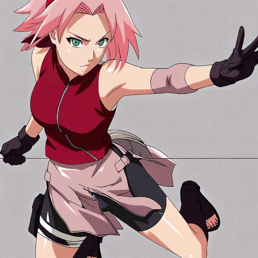 <lora:sakura_pony_v1:1>  SakuraShipuuden, 1girl, pink hair, green eyes, black gloves, short hair, bike shorts, large breasts, toeless footwear, forehead protector, simple background, bandages, black shorts, zipper, sleeveless, cowboy shot