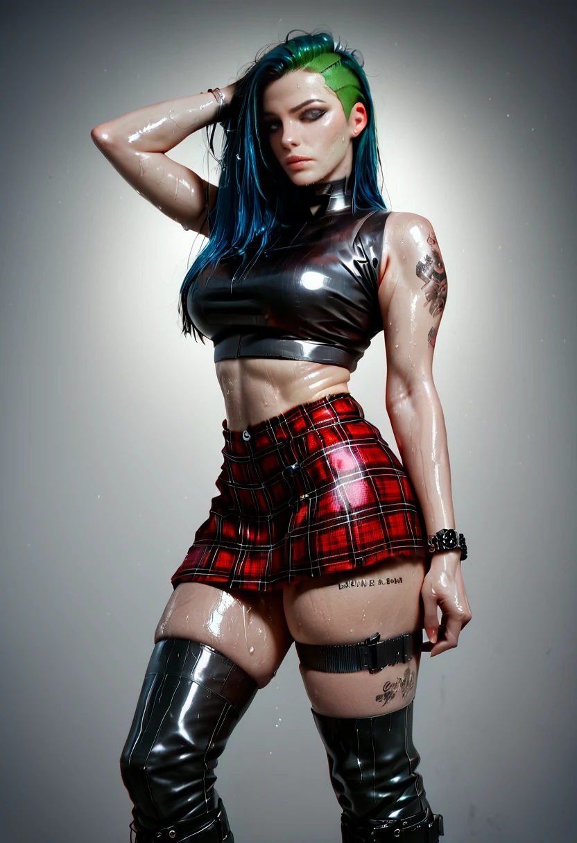 score_9, score_8_up, score_7_up, score_6_up, score_5_up, (latex crop top:1.69), red plaid skirt, spike bracelet, combat boots, legband, stage,, tattoo, solo, sweat, shiny skin, wet hair, <lora:RavenPXL-2:1>