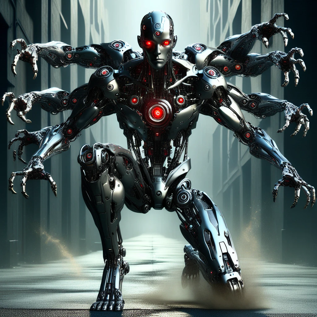 humanoid robot, chrome plated metallic frame, male focus, robot joints, realistic, full body, mechanical parts, solo, no humans, glowing, bald, glowing red eyes, looking directly at viewer, no nose, no mouth, emotionless, extra arms, 6 arms, mechanical arms, 6 hands, mechanical hands, open hands, mechanical fingers, mechanical legs, mechanical feet, barefoot, road, street, cars, dark, dust, nightmarish urban setting, horror (theme)