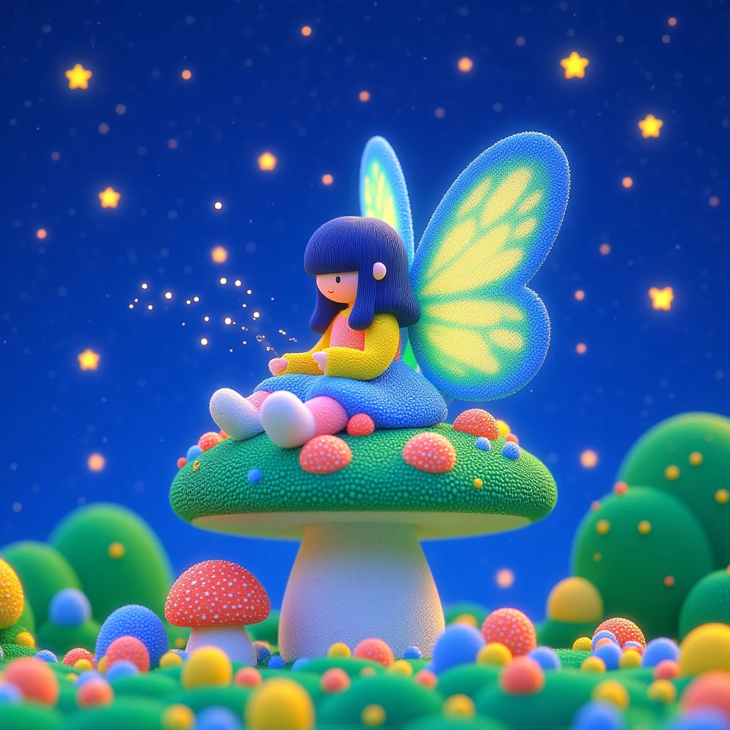 Juaner_cute,
A whimsical fairy with gossamer wings and a glowing aura, perched on a toadstool, surrounded by glittering fireflies in an enchanted moonlit glade.