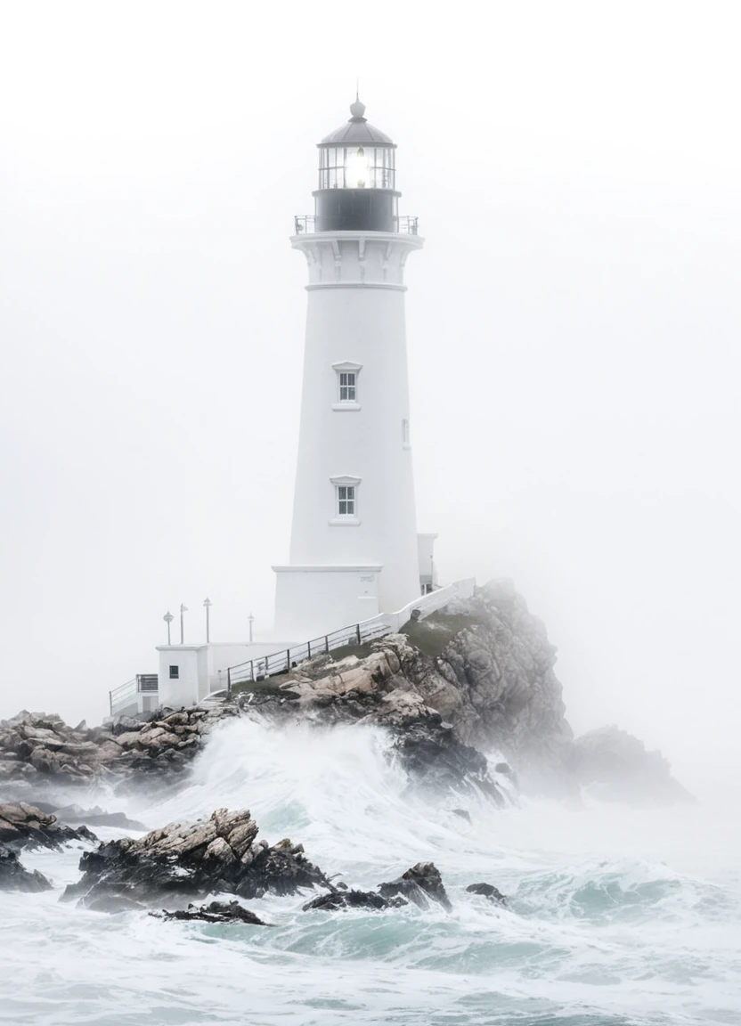 highkey, lighthouse, ocean, foggy, white background, outside, rocks, waves, storm
 <lora:Highkey-SDXL:1>