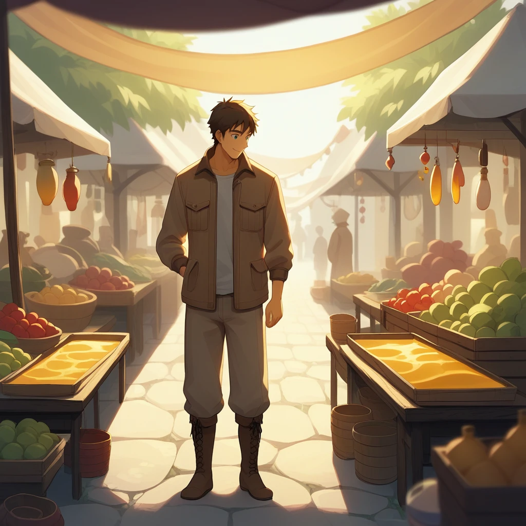 score_9, score_8_up, score_7_up, score_6_up, score_5_up, score_4_up, zPDXL2,source_anime,rating_questionable,cowboy shot,1boy,smile, jacket, boots, <lora:Produce_Market:0.8> m4rket, outdoors, morning, jars, honey, candles, artisan goods, cheese, market stalls