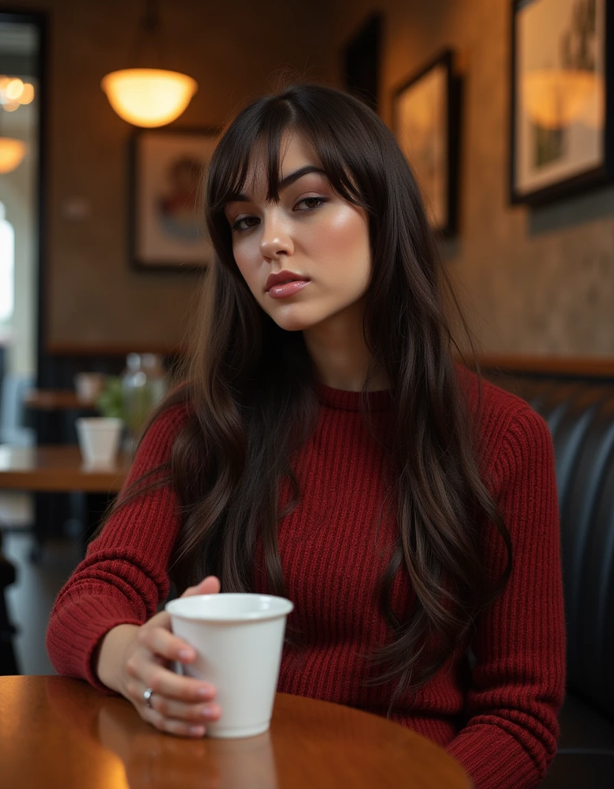 <lora:Sasha_Grey_Flux:1> realistic photo of sashagrey wearing a sweater dress in a cafe having a coffee.