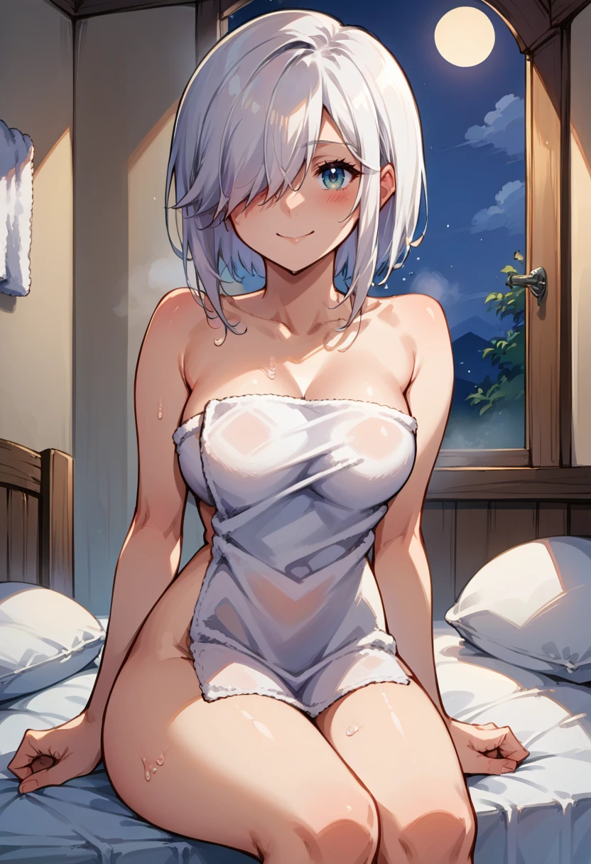 （(no panty)）,NSFW:1.8,Beautiful 20 year old woman ,（azure eyes) ,(silver gradation bob hair) ,（a necklace）,（Shy face）, (Wet and sheer white tank top) ,a navel,（Medium chest:1.3) ,(Perfect body) , (Sheer white panties),（Lying Pose）,（opening legs widely:1.3）,（Mansuji）,（hotels room）,（lying on the bed）,（Nipple protrusion 1.3）, aestheticism, Fluid, light Particle, sun beam, Detailed skin texture, (blush:0.5),  Subsurface scattering,BREAK (8k wallpaper,masutepiece, of the highest quality, Best Quality, Beautiful and aesthetic:1.2), ighly detailed, (Colorful), highest details