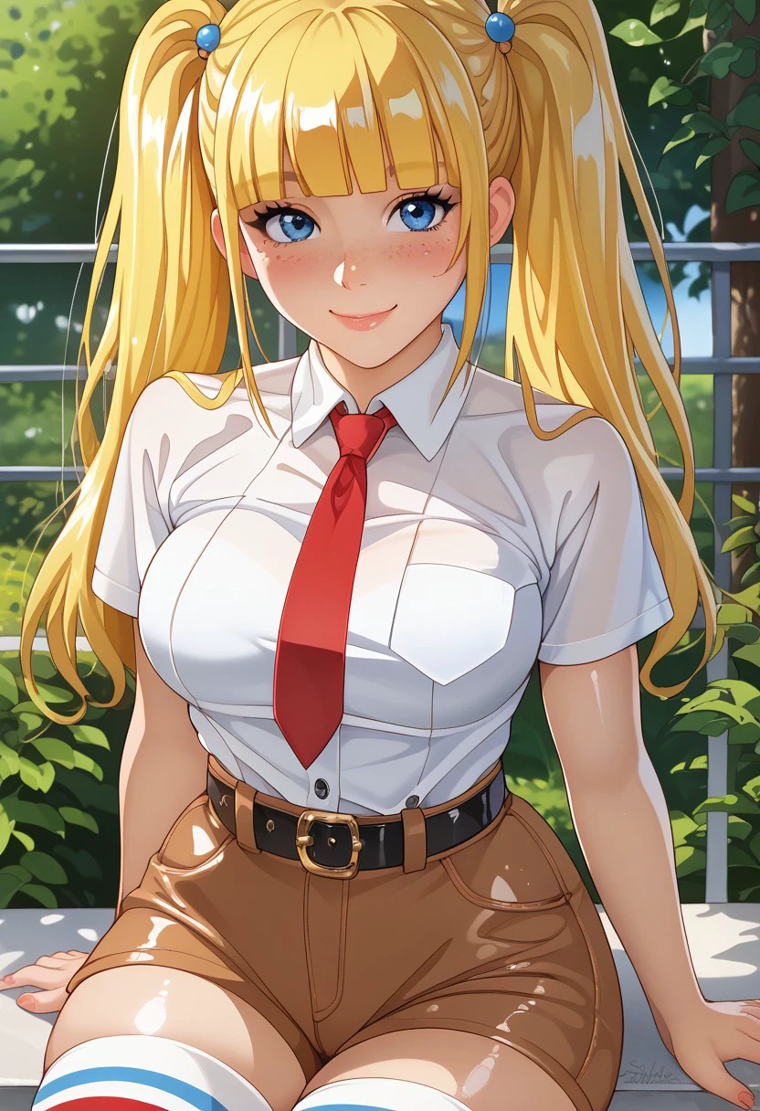 score_9, score_8_up, score_7_up, , shiny skin:0.1, source_anime, , deep skin,, high quality, highres, , 1girl, (curvy), ((wide hips)),, thick thighs, cute, , sexy, medium breasts, solo, SBSPGijinka, yellow hair, blue eyes, short sleeves, collared shirt, white shirt, red necktie, brown shorts, black belt, white Stockings, striped stockings, freckles, smile, twintails, blunt bangs, closed mouth, outside