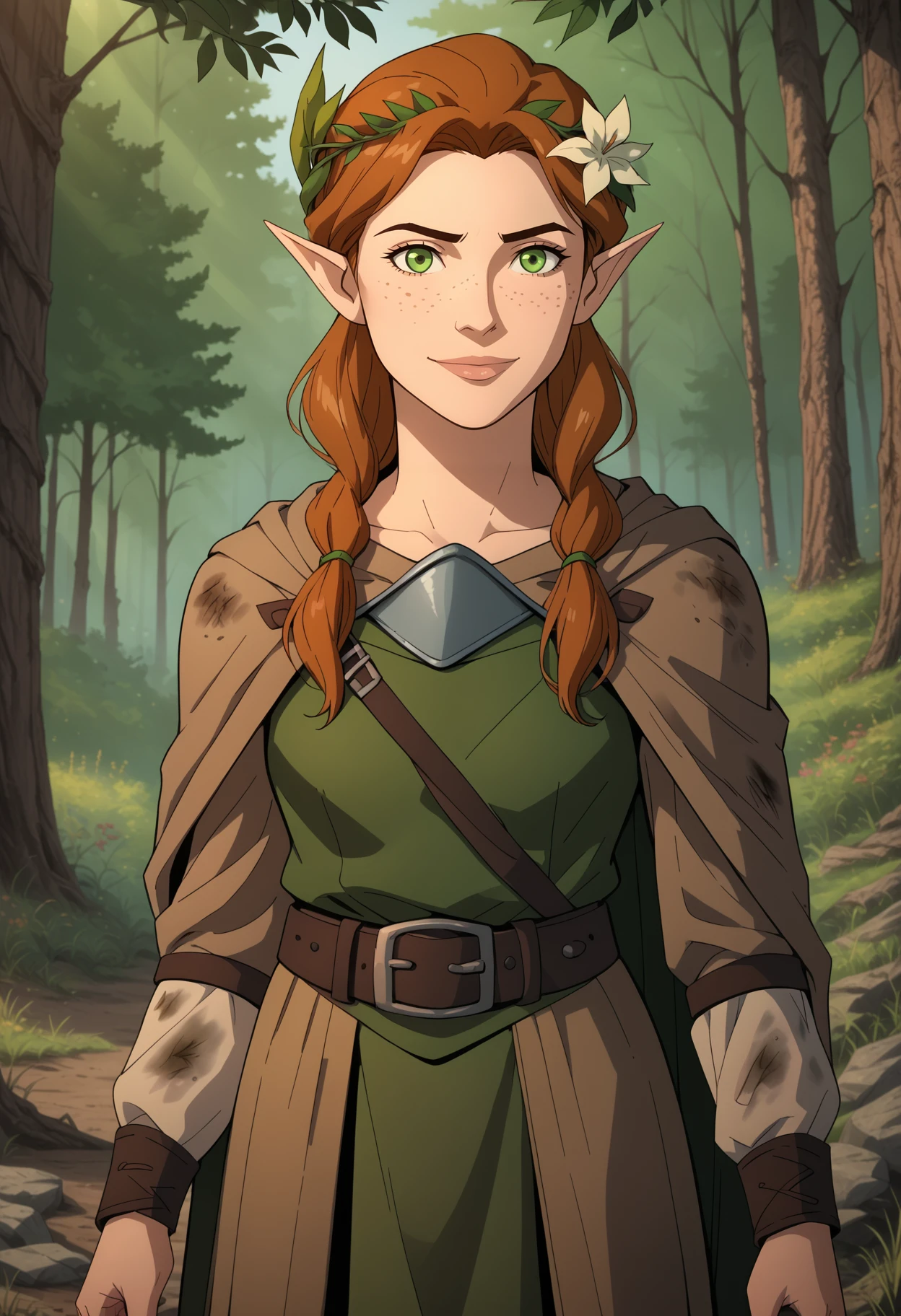 score_9, score_8_up, score_7_up, BREAK,
1girl, medieval fantasy, portrait, solo, tgreen eyes, freckles, female druid, leaf laurel wreath, hair flower, elf, simple tunic, brown robe, wood, dirty clothes, skirt, cape, pants, leather belt, buckle,
gentle smile, forest, flowers, trees, outdoors, nature,  outdoors, nature, looking at viewer    <lora:PhilBourrassaXLLocon:1>