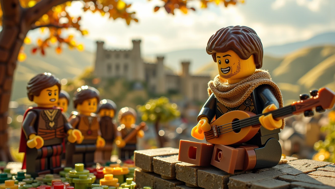 Lego. A wandering minstrel, dressed in simple but colorful attire, plays a lute while sitting on a stone wall overlooking a peaceful village. His expression is joyful and content as he sings a ballad, the notes drifting through the air. A small group of villagers, including children, gather around to listen, their faces filled with delight. The background features rolling hills and a distant castle. The style is warm and nostalgic, focusing on the simple pleasures of medieval life and the minstrelâs role as a storyteller   <lora:Cinematic_Lego:0.6>