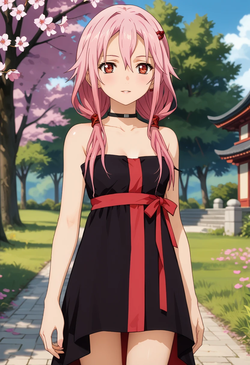 score_7_up, anime screencap,
<lora:GuiltyCrown_YuzurihaInoriXL:0.9>,
1girl, parted lips, light smile,
long hair, pink hair, low twintails, hair between eyes, red eyes, hair ornament, hairclip,
InoriDress, bare shoulders,black dress, black choker, red ribbon,
standing, looking at viewer, thigh gap, 
blurry background,outdoors, blue sky, cherry blossoms