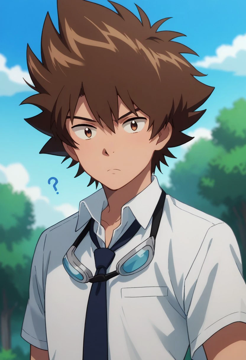 score_9, score_8_up, score_7_up, source_anime, highly detailed, 
taitri, 1boy, goggles around neck, male focus, solo, brown hair, brown eyes, confused, ?, goggles, shirt, white shirt, collared shirt, necktie, blue necktie, blue pants, upper body
outdoor, sky, tree