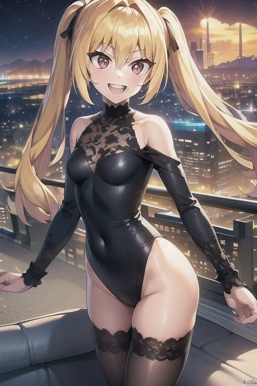 intricate details, finely detailed, <lora:Add Detail:0.4>, (masterpiece), best quality, high resolution, highly detailed, detailed background, thin, small size, ((curved)), colorful backgrounds, ((st_style)), blonde hair, twintails, ((on a roof of a building in a big city overlooking the sea and the islands and the mountains)), twintails, ((night)), beautiful sleeveless black dressin lace with intricate details, black choker, black sleeves with intricate details, black thighhighs, smile, laughing