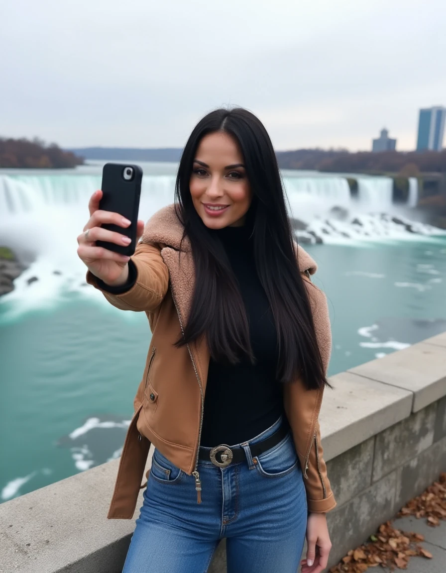 Anissa Kate is wearing a turtleneck pullover, tight jeans, highheel highboots, a jacket with a fur colar. She is taking a selfie in front of the niagara falls  <lora:AnissaKate:0.8>