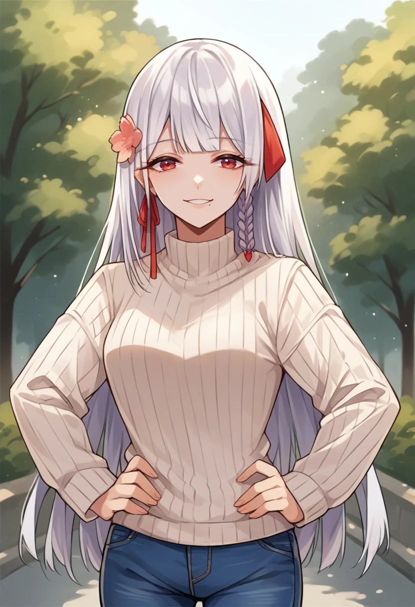 score_9, score_8_up, source_anime, 1girl, solo, FunadaUi, mole under mouth, white hair, long hair, blunt bangs, side braid, red hair ribbon, hair flower, outdoors, sweater, ribbed sweater, jeans, hands on hips, smile, <lora:ChamFunadaUiPonyXL:1>