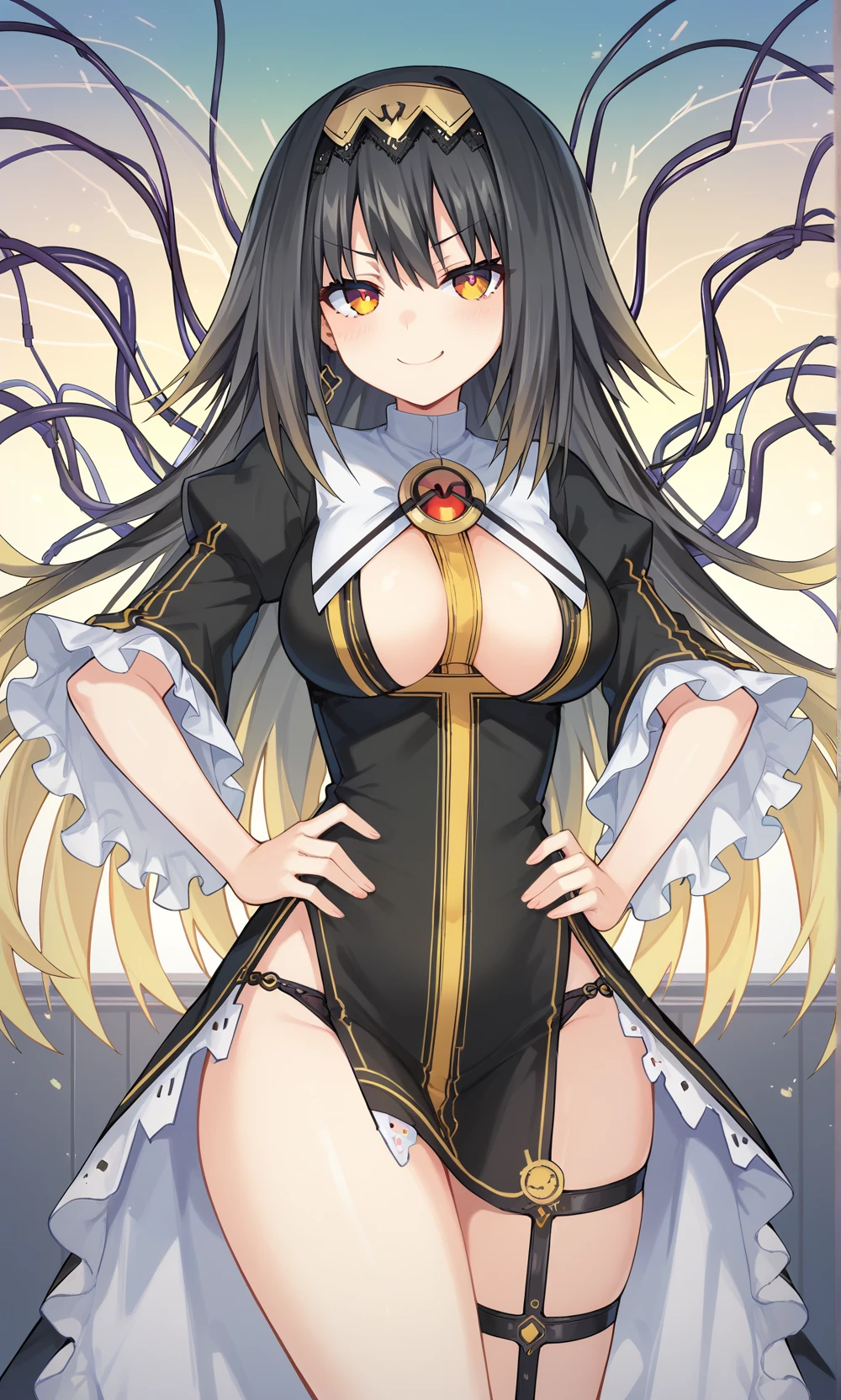 score_9, score_8_up, score_7_up, score_6_up, source_anime,arusu marina astral dress,orange eyes,black hair with yellow strands,wires,revealing outfit,black outfit,golden tiara,tiara on head,jewelry,wires on body,black panties,large breasts,smiling,smug,haughty,hands on own hips,