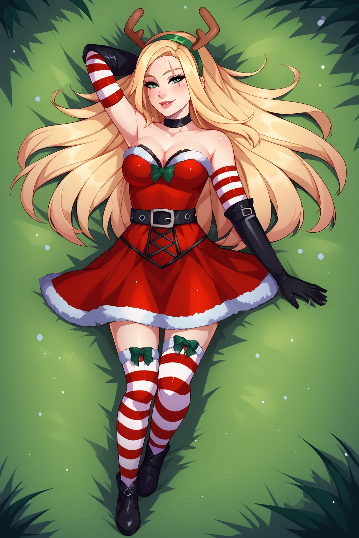 score_9, score_8_up, score_7_up, score_6_up, BREAK, KatarinaSBXL, scar on eye, green eyes, blonde hair, long hair, reindeer antlers, green hairband, black choker, medium breasts, santa costume, cleavage, fur trim, strapless dress, red dress, detached sleeves, black elbow gloves, striped thighhighs, black shoes, solo, full body, lying on grass, seductive smile, looking at viewer, forest, tree <lora:KatarinaSBXL:1>