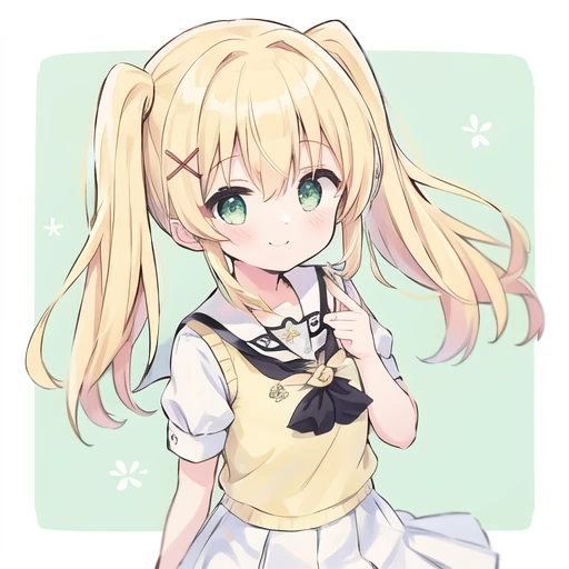 tsumugi,1girl,blonde hair,long hair,bangs,green eyes,twintails,x hair ornament,short sleeves,hair between eyes,looking at viewer,white shirt,smile,school uniform,blush,yellow sweater vest,pleated skirt,sailor collar,white skirt,puffy short sleeves,<lora:you-(7):0.8>,
