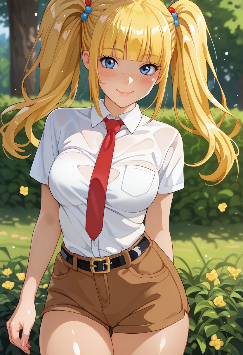 score_9, score_8_up, score_7_up, , shiny skin:0.1, source_anime, , deep skin,, high quality, highres, , 1girl, (curvy), ((wide hips)),, thick thighs, cute, , sexy, medium breasts, solo, SBSPGijinka, yellow hair, blue eyes, short sleeves, collared shirt, white shirt, red necktie, brown shorts, black belt, white socks, striped socks, freckles, smile, twintails, blunt bangs, closed mouth, outside