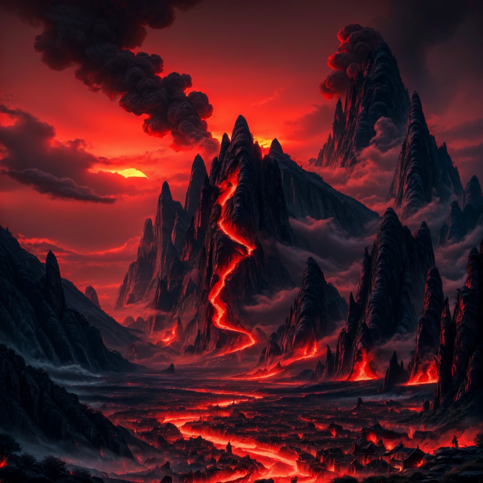 Role-playing game (RPG) style fantasy cityscape, black craggy mountains, red theme, setting sun, cloudy sky, <lora:firelap:0.8>, elementalplanefire, <lora:more_details:0.6>, high quality, highres, masterpiece, best quality, 8k, intricate, detailed, <lora:add_detail:0.6>, very detailed . Detailed, vibrant, immersive, reminiscent of high fantasy RPG games