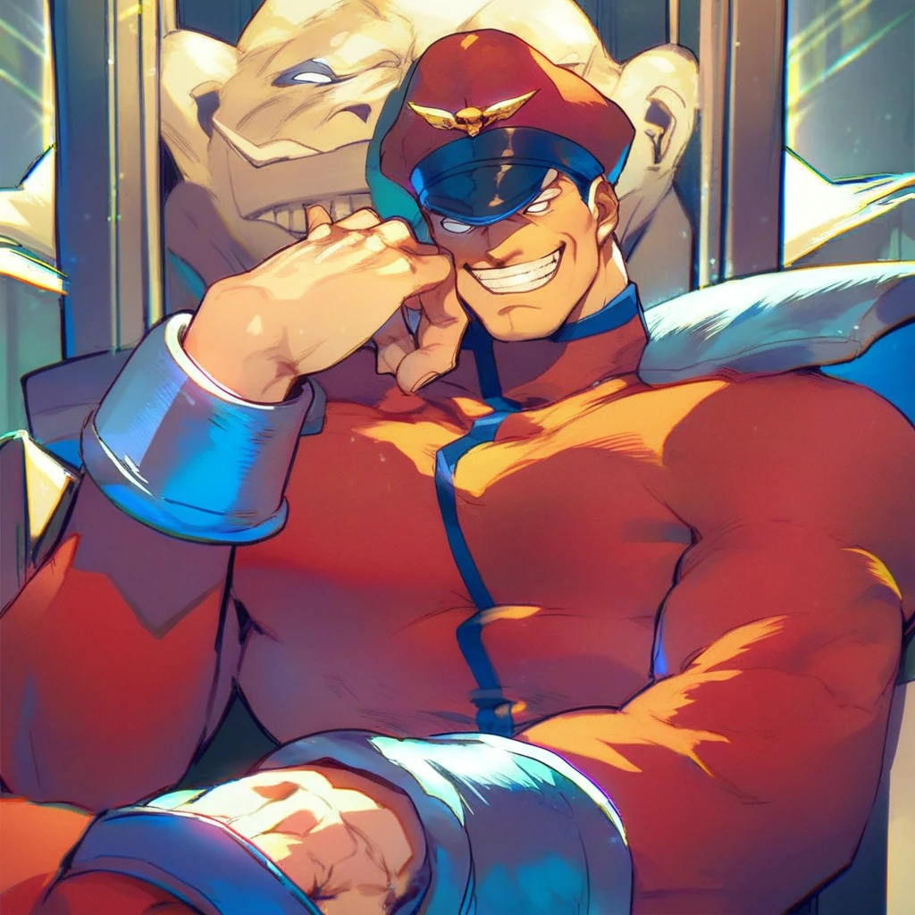 score_9, score_8_up, score_7_up, source_anime BREAK 1boy, M bison, (street fighter), red uniform, hat, grin, white eyes, peaked cap, manly, military uniform, muscular, sitting, throne, evil smile, rating_questionable