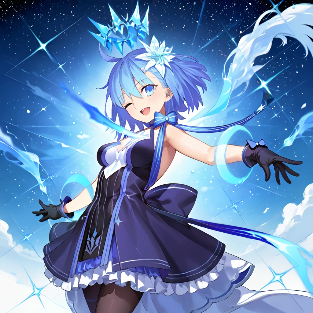 1girl, solo, space_ciel, ahoge, blue eyes, short hair, light blue hair, chest mark, halo, blue dress, gloves, hair ornament, black gloves, pantyhose, bare shoulders, bow, ribbon choker, cowboy shot, facing viewer, open mouth, chest laser, flames, (outstretched arms:1.2), one eye closed, (pov:1.2),
BREAK score_9, score_8_up, score_7_up, masterpiece,
<lora:ciel_summer_fgo:0.8>