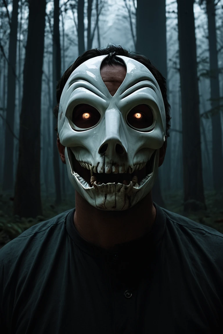 man with an ax in a dark gloomy forest, he is wearing a scary mask