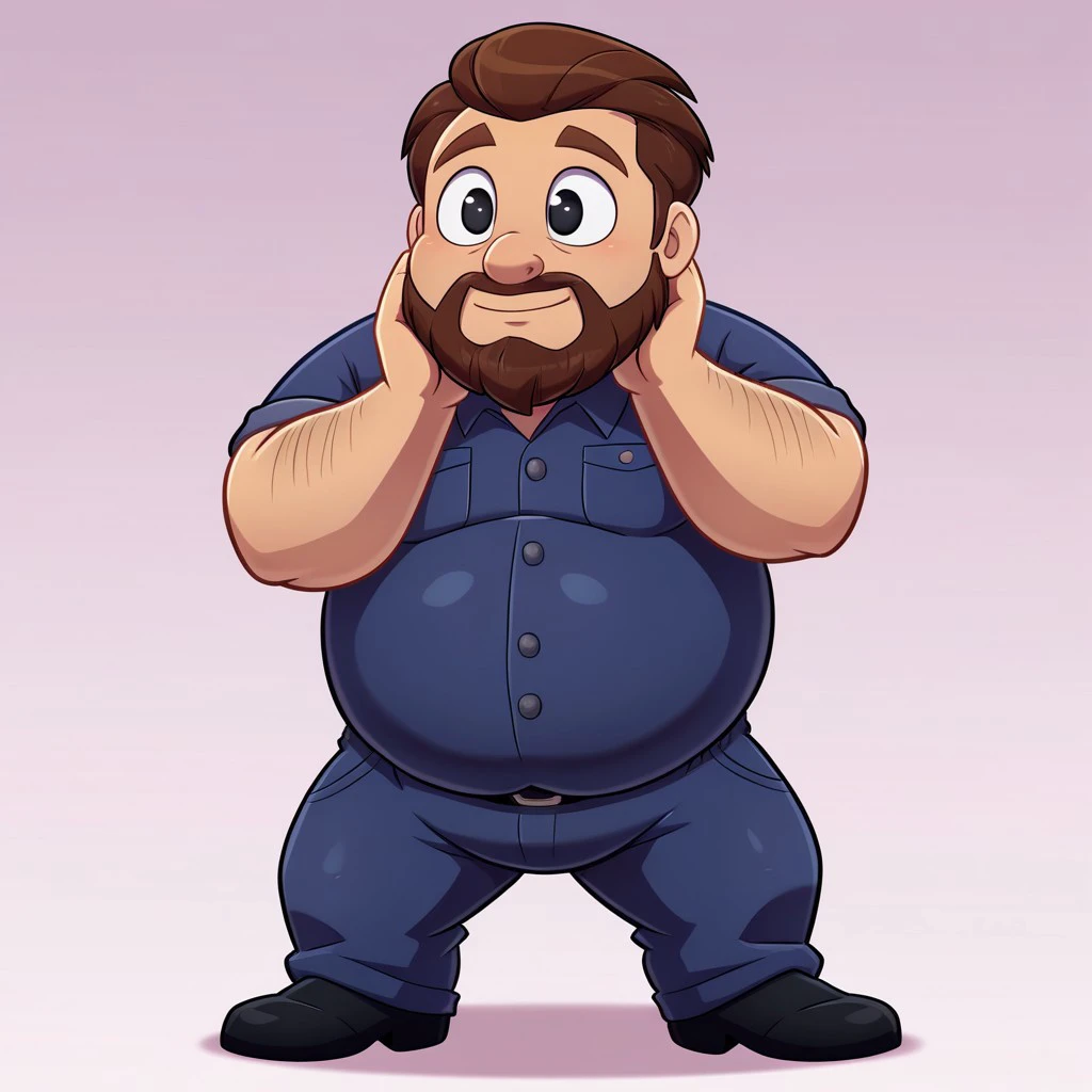 robust and fat man, cartoon, black eyes, round nose, dark blue short shirt, navy blue pants, full body, close up, with a strong build and a prominent belly, thick, dark beard that covers most of his jaw and cheeks, hair, detail background, best quality, highly detailed, big eyes, round eyes, solo, brown beard, brown hair, dark lighting, black shoes, male focus, full_shot, standing,hip hop,square,upside-down, party background