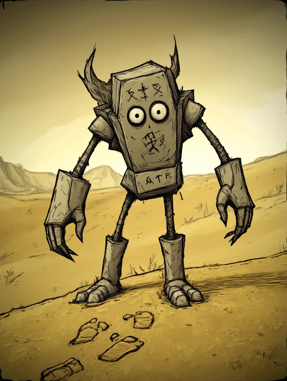 Juaner_dsstyle,
A towering golem, its stony form etched with arcane runes, lumbers across a desolate, windswept desert, leaving a trail of massive footprints in the endless dunes of shimmering gold.