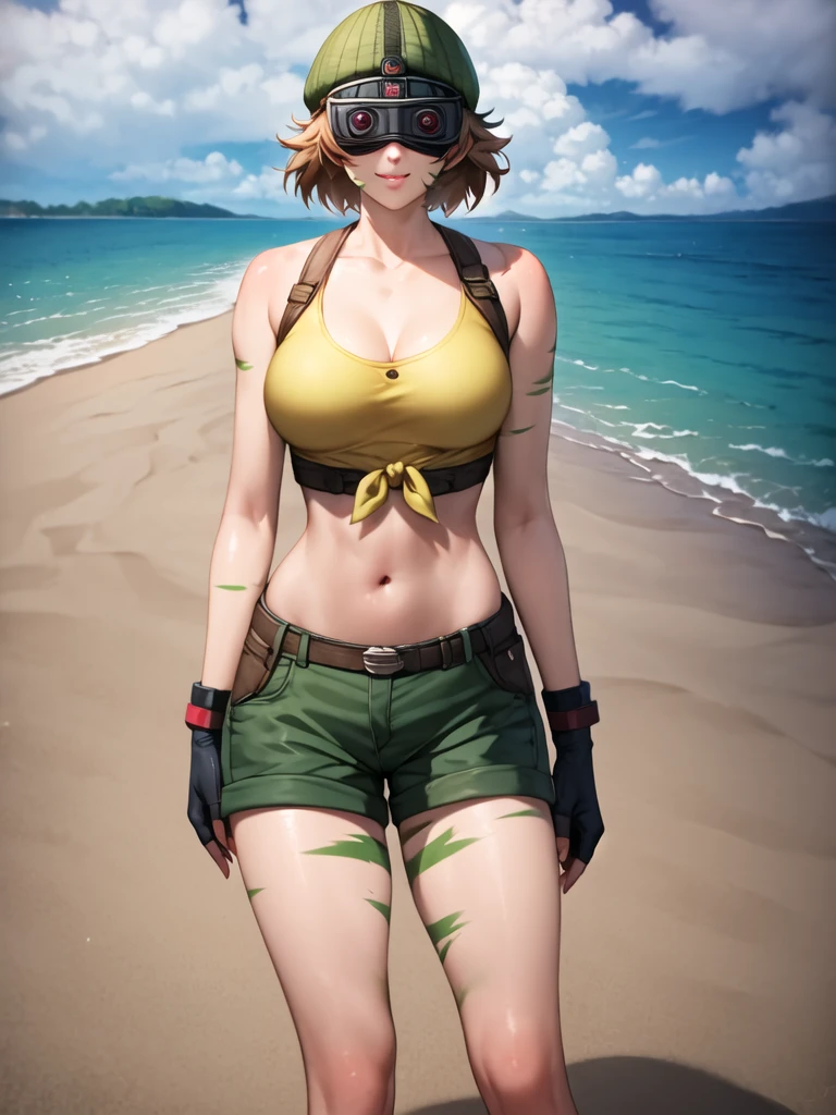 <lora:Toko_Amada_SD15:0.9>, Toko Amada, short hair, brown hair, breasts, scar, green hat, googles, googles on head, tied shirt, midriff, navel, green shorts, 1girl, standing, alone, looking at the viewer, masterpiece, highres, highly detailed face, highly detailed shining eyes, symmetrical highly detailed eyes, entire body, legs, beach, sea, sand