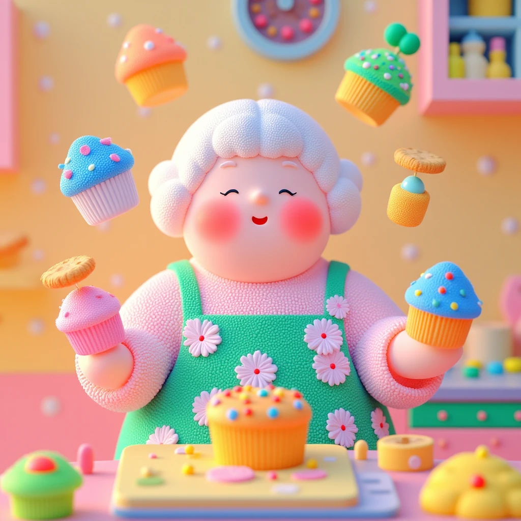 Juaner_cute,
A plump grandmother, with rosy cheeks and a floral apron, surrounded by floating cupcakes and cookies in a warm, cozy kitchen.