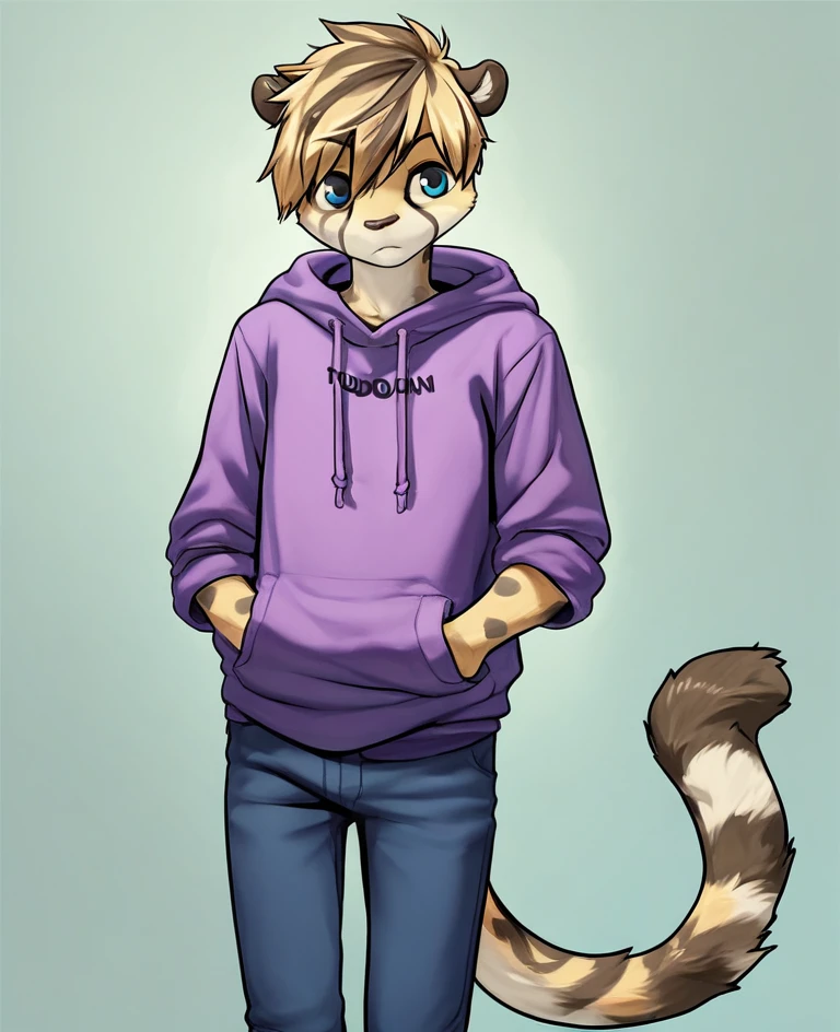 hoodie, pants, score_9, score_8_up, score_7_up, score_6_up, score_5_up, score_4_up,, solo,, leon hunter, furry, cheetah, animal ears, cuntboy, flat chest, teen, young, blue eyes, tail, intersex, <lora:Leon_Hunter_Pony:1>