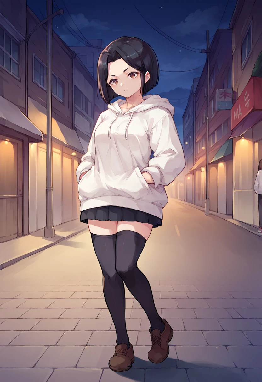 score_9, score_8_up, source_anime, 1girl, solo, YamadaSanae, black hair, brown eyes, short hair, white hoodie, outdoors, night, street, lamppost, hands in pockets, full body, black thighhighs, shoes, skirt, <lora:ChamYamadaSanaePonyXL:1>